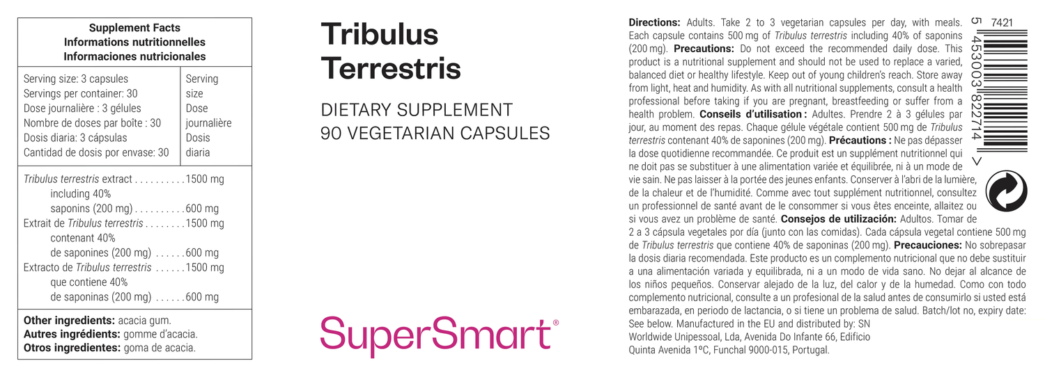 Complemento alimenticio Tribulus Terrestris, 40% de saponinas