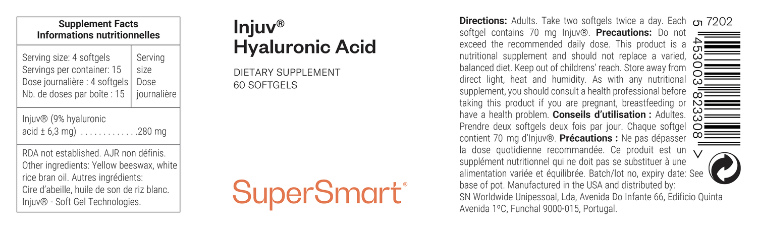 Injuv® Hyaluronic Acid suplemento alimentar, contribui para a hidratação da pele e articulações